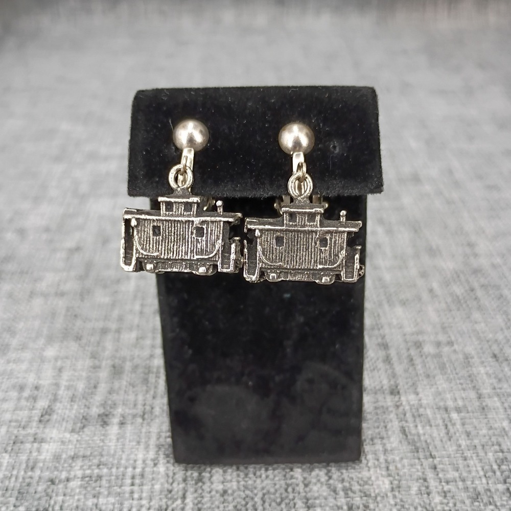 Vintage Caboose Train Clip On Earrings Silver Tone Railroad Railway Charm